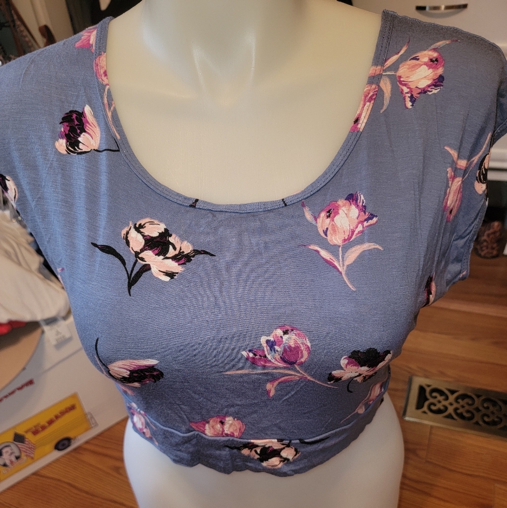 NEW NWOT Half Tee Crop Top Floral Dusky Blue Sz 2XL
